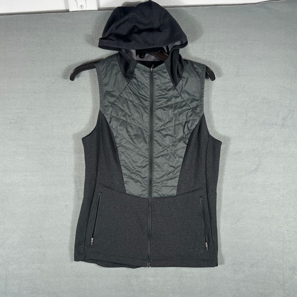 The North Face Womens Vest M/M Gray Quilted FlashDry Full Zip Hooded Sleeveless